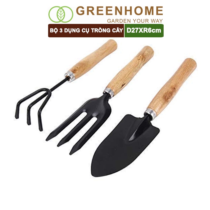 Dụng Cụ Làm Vườn Greenhome, D25cm, Cán Gỗ, Lưỡi Thép, Gồm Xẻng Xúc Đất, Cào, Chĩa, Trồng Cây, Làm Cỏ Dễ Dàng