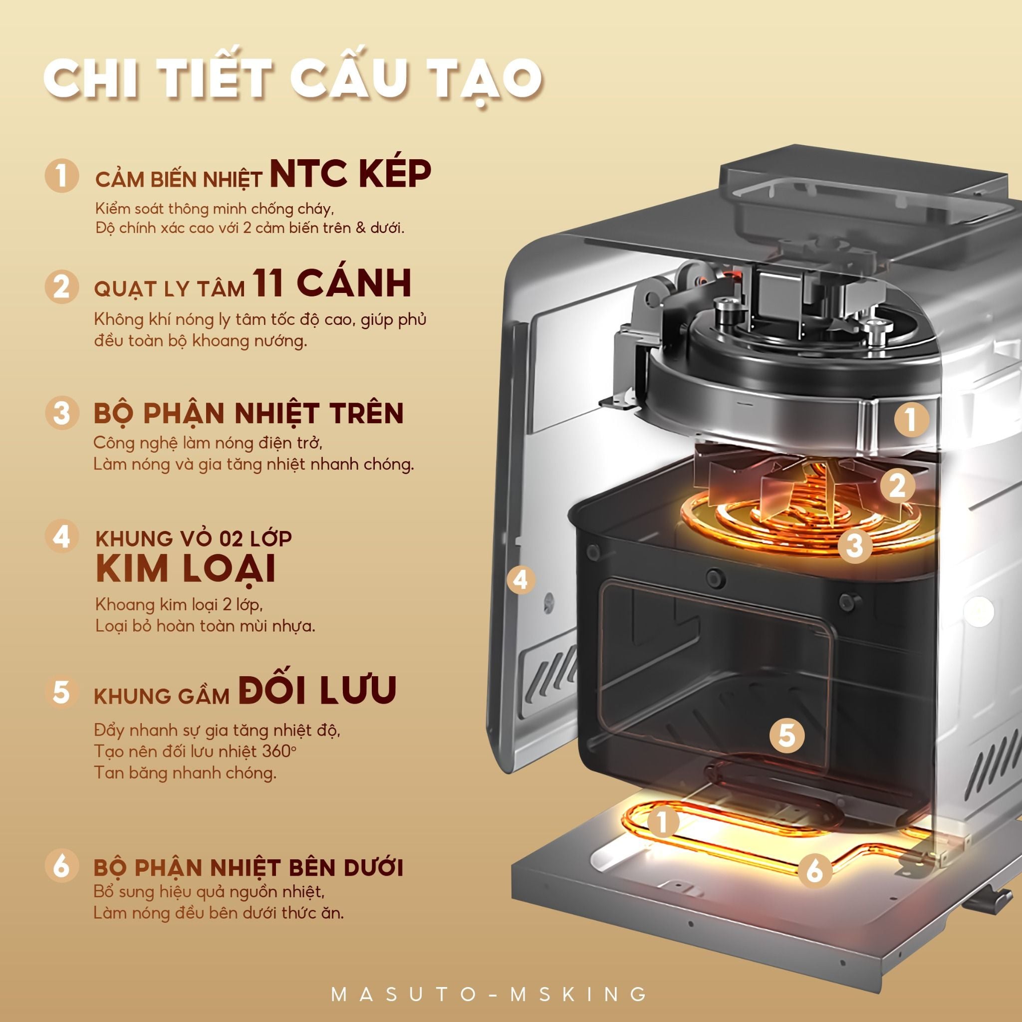 Nồi chiên không dầu phun sương Masuto MSKing 6L - 2 tầng đốt không cần trở lật - Hàng chính hãng