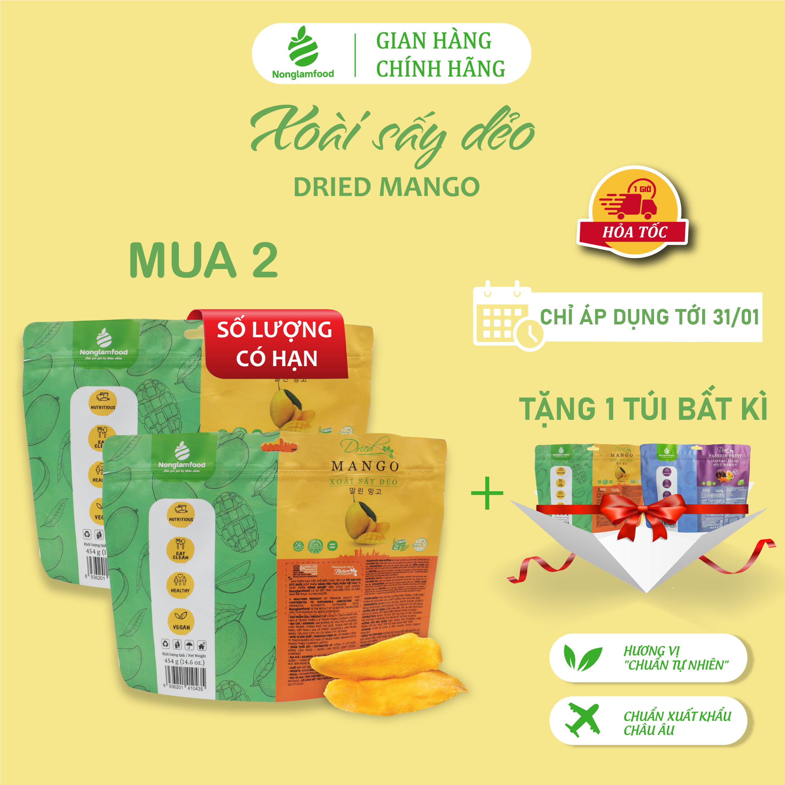 [MỨT TẾT LOẠI 1] Xoài sấy dẻo thượng hạng đãi khách túi  lớn 454g Nonglamfood | Quà tặng sức khoẻ cho người thân