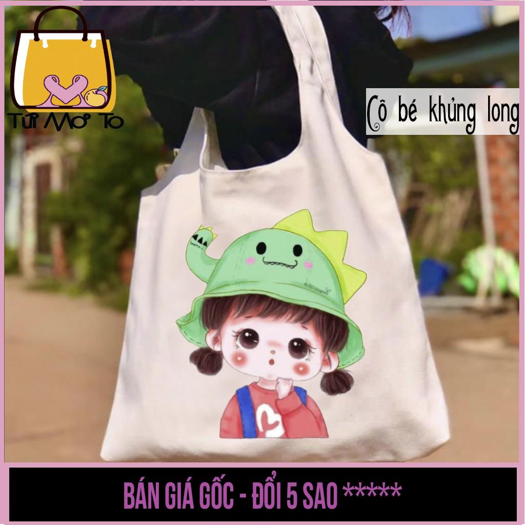 Túi tote túi vải túi canvas quai tròn có khóa kéo in hình cô bé khủng long dễ thương - Túi Mơ To store