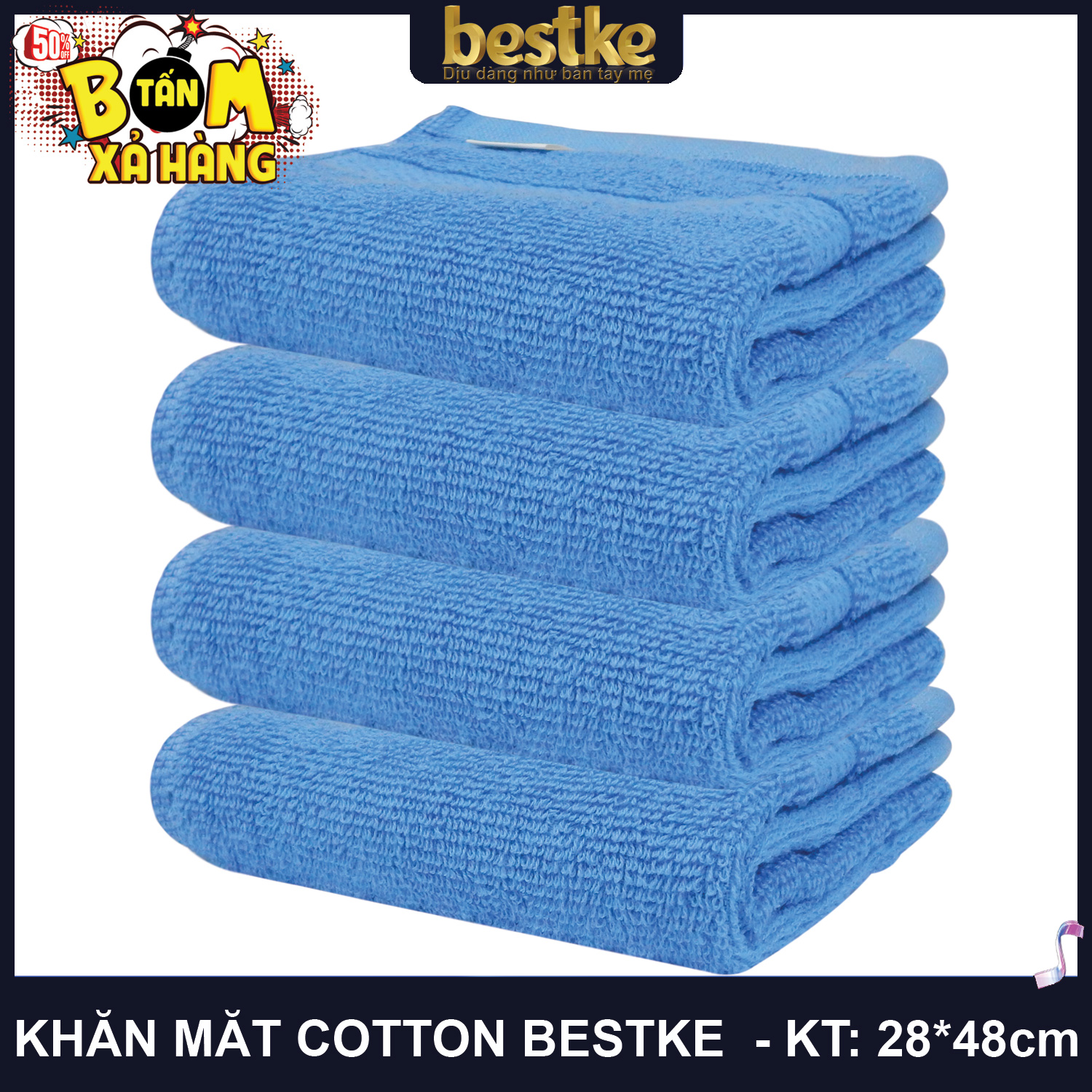 Bestke Khăn Mặt 100% Cotton, Mềm Mại và Siêu Thấm Hút Nước , COMBO 4 cái KT 28cm*48cm/cái, Màu Blue, towel factory