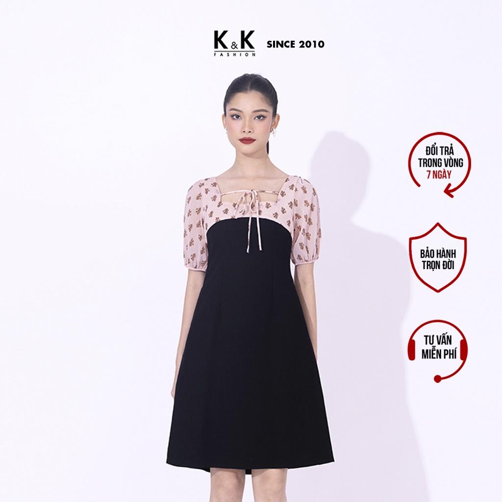 Đầm Chữ A Màu Đen Phối Màu K&amp;K Fashion KK117-14 Chất Liệu Tuyết Mưa Phối Voan Gân