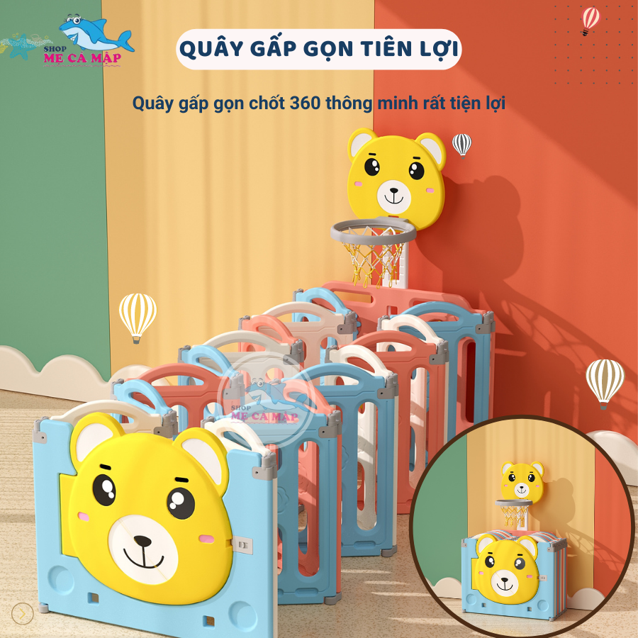 Quây Gấp Gọn Pakey Gấu NC01 Dày Dặn TẶNG BÓNG+THẢM+SET BÓNG RỔ+NÉM VÒNG, Quây Cho Bé Màu Sắc Sang Trọng