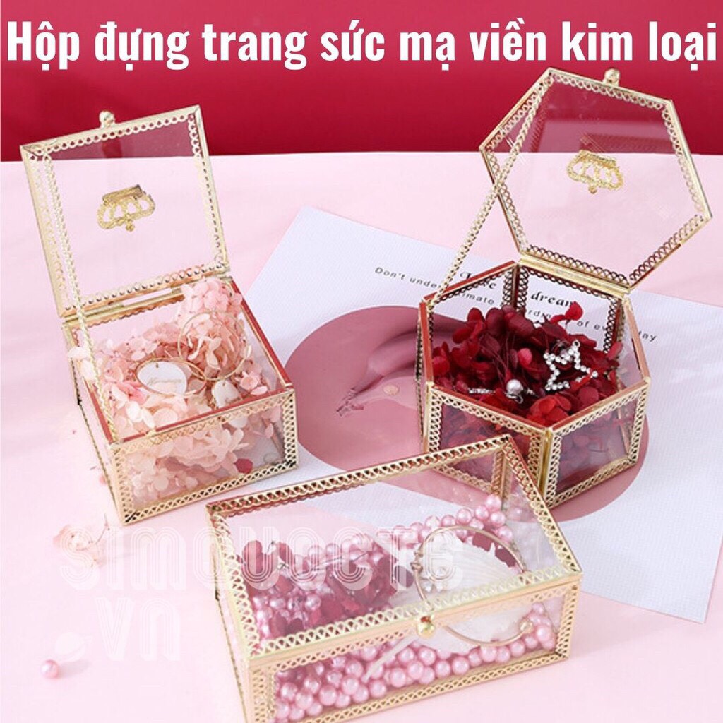 Hộp đựng trang sức đồ trang điểm viền kim loại có nắp đậy HKL8