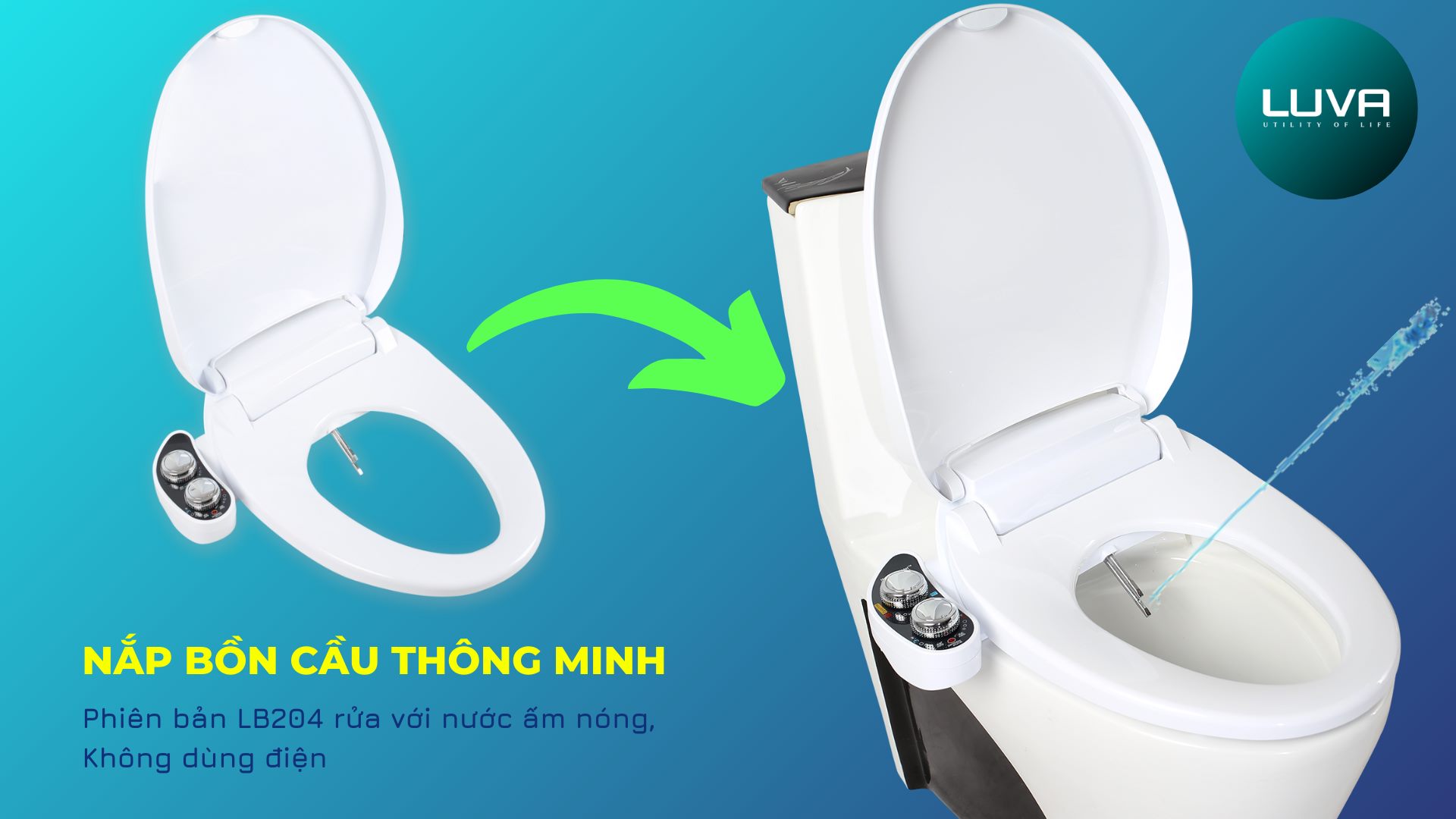 Nắp Bồn Cầu Thông Minh Luva Bidet LB204, Chính Hãng BH 3 năm, Có Nóng Lạnh, Model 2022, Đổi Lỗi 15 Ngày, 2 Vòi Rửa Công nghệ 100% Hàn Quốc