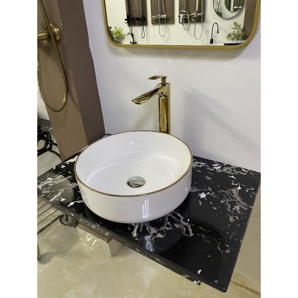 Lavabo đặt bàn sứ viền vàng ( bảo hành 10 năm)