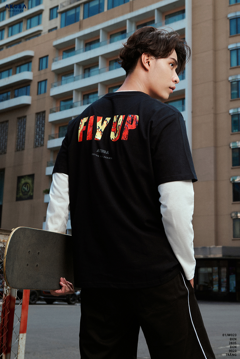 Áo thun nam đen tay ngắn AKUBA form oversize, vải 100% cotton, họa tiết in gel không rách, không co rút 01JW023