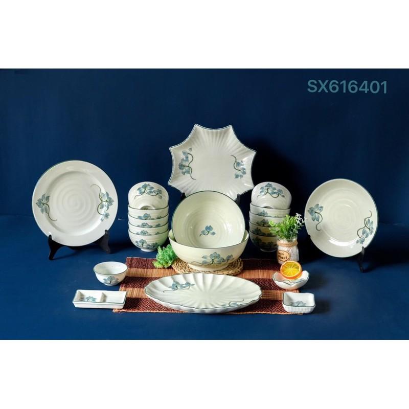 Set bộ bát đĩa họa tiết hoa- đài sen. Gốm sứ Bát Tràng.