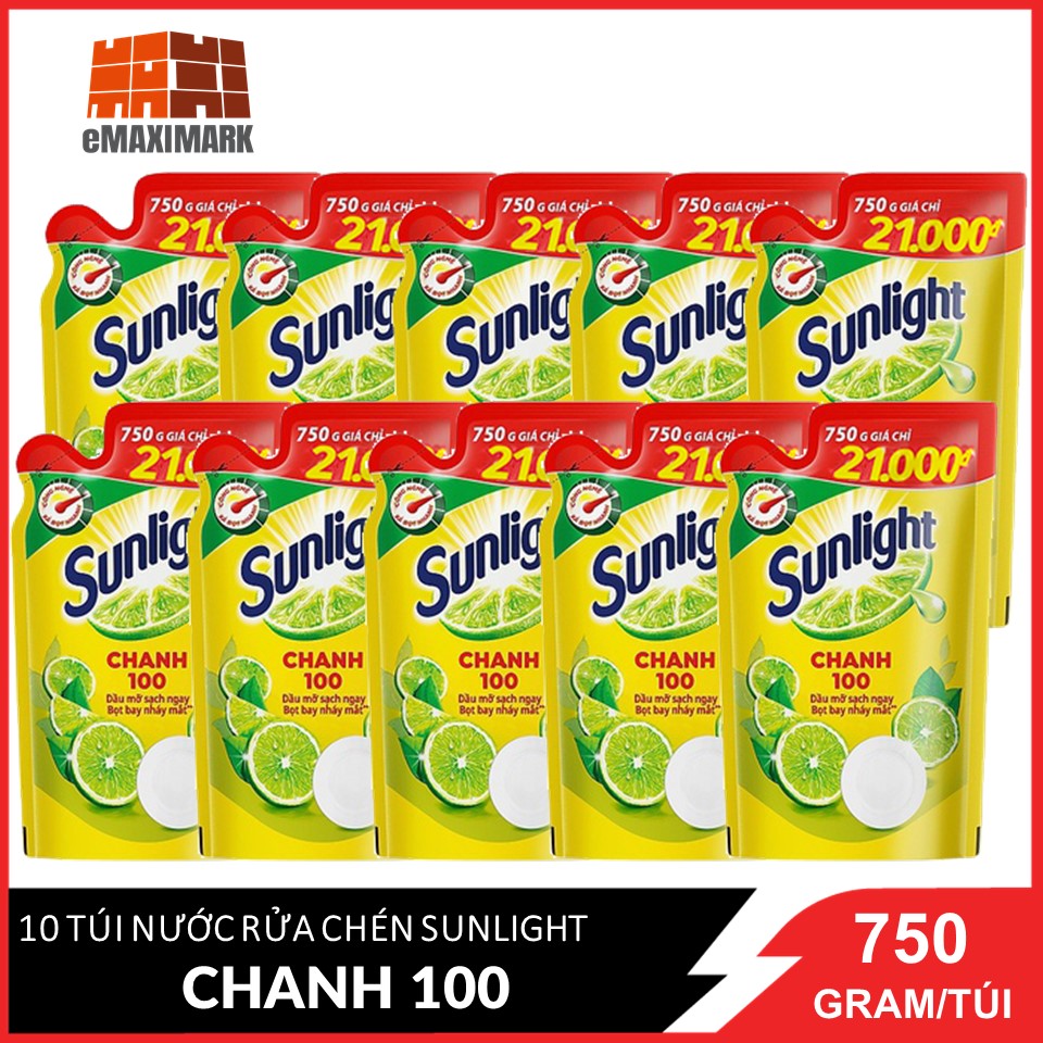 COMBO 10 Túi Nước rửa chén Sunlight Chanh 100 Túi 750gx10