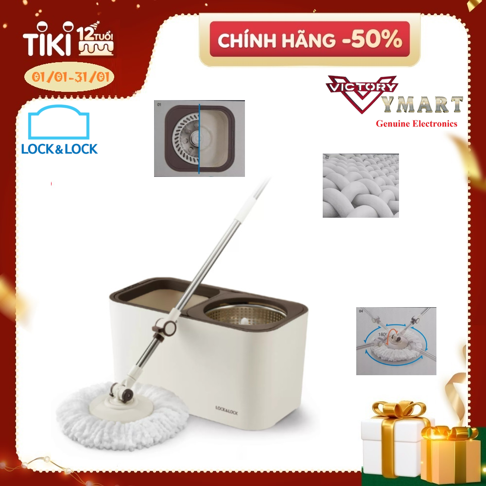 Bộ Lau Nhà Xoay Tay Lock&amp;Lock Dual Bucket Spin Mop  ETM478 ( thùng giặt , cây , 2 bông lau)