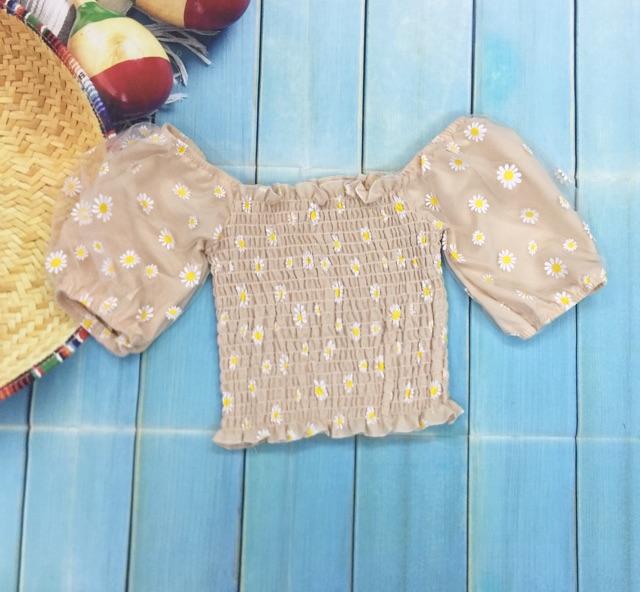 Áo kiểu nhún phối lưới in hoa cúc