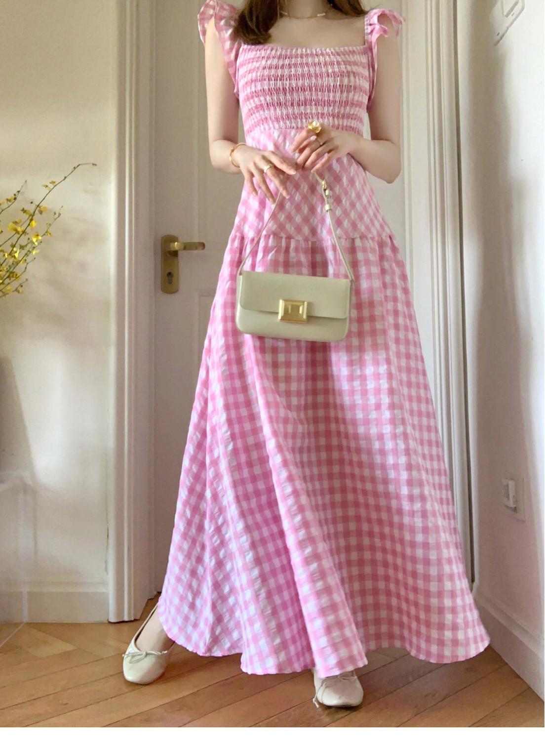 TOBE1SHOP Cao cấp bông màu hồng kẻ sọc ăn mặc cho phụ nữ Pháp retro nhỏ thiết kế cao cấp giảm tuổi váy dài dễ thương