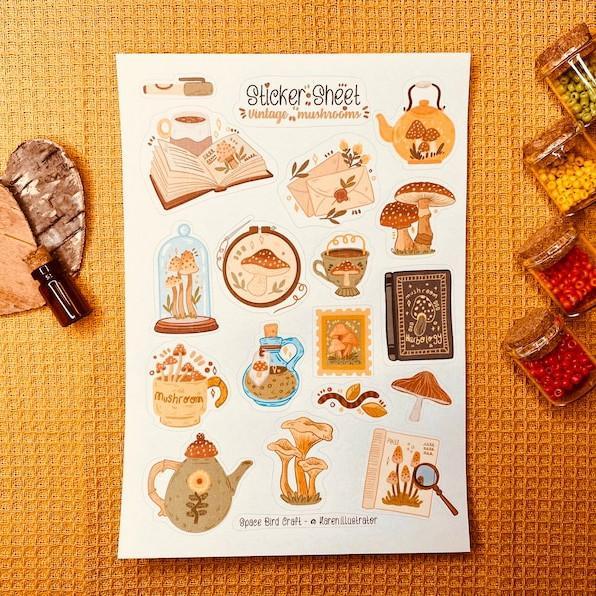 Sticker sheet vintage mushrooms - chuyên dán, trang trí sổ nhật kí, sổ tay | Bullet journal sticker - unim055