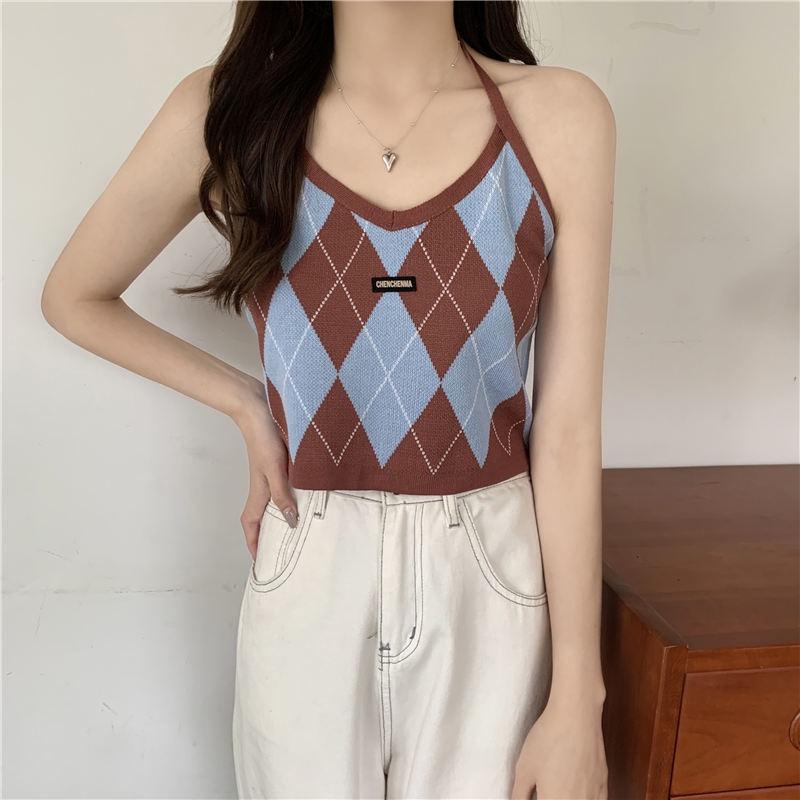 Áo yếm caro croptop dệt kim len nữ kiểu buộc dây cô tim dáng ngắn thiết kế Quảng Châu cao cấp trẻ trung cá tính