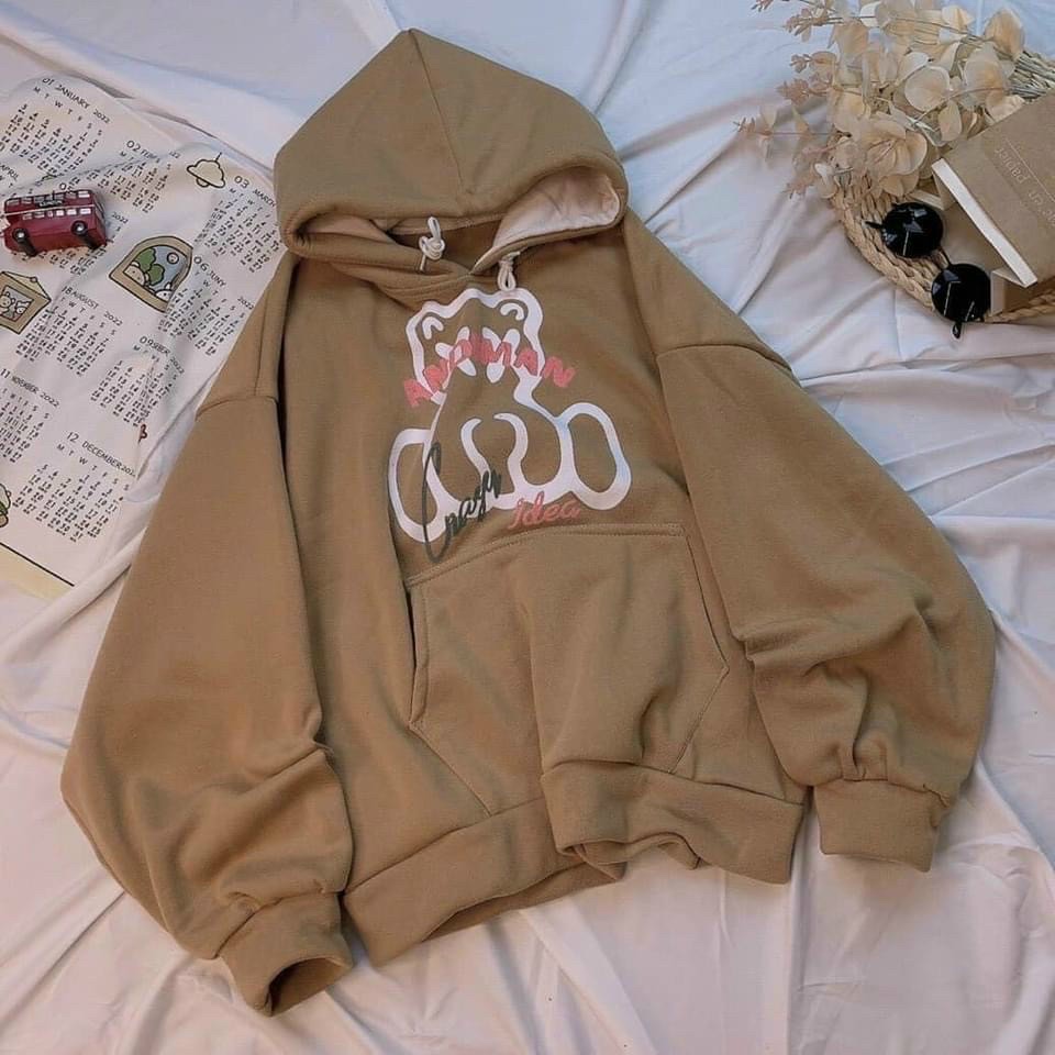 Áo khoác hoodie from rộng, Áo khoác nỉ ngoại chống nắng có lớp trong ADIMAN HÌNH GẤU