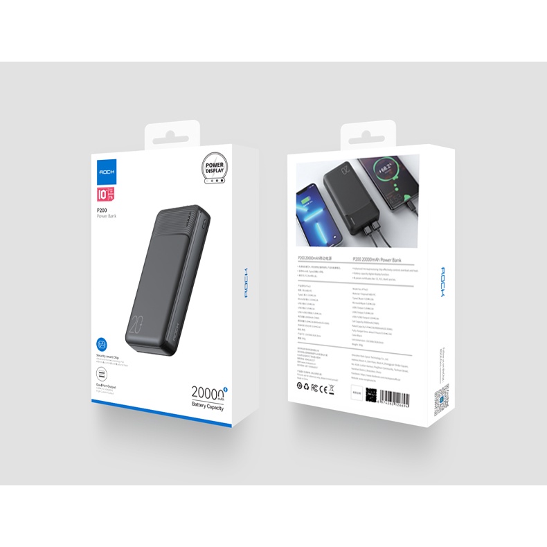 Pin sạc dự phòng Rockspace P200 20000mAh sạc nhanh 2 cổng USB Micro Type C - Hàng chính hãng