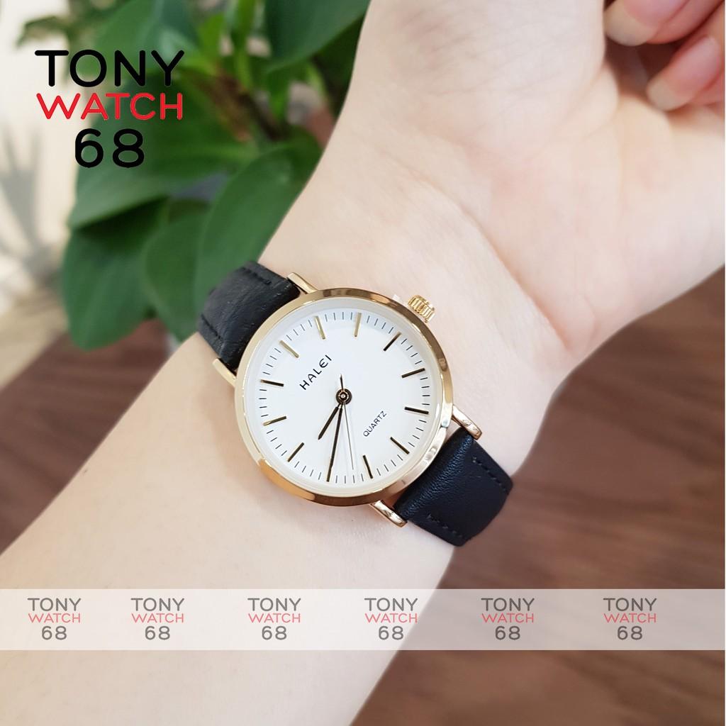 Đồng hồ nữ Halei dây da nâu mặt số vạch chính hãng Tony Watch 68