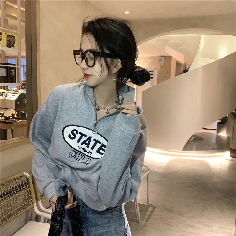Áo Polo Cao Cổ Khoá Kéo Dáng Ngắn Tay Bồng Thêu Chữ STATE Vải Mềm Mịn Đẹp SWEATER