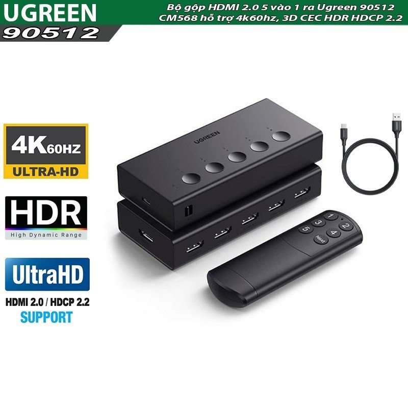 Bộ gộp HDMI 5 vào 1 ra Ugreen 90512 (HDMI 2.0 4K@60Hz HDR, NEW 2023)  CM568 có Remoste hàng chính hãng