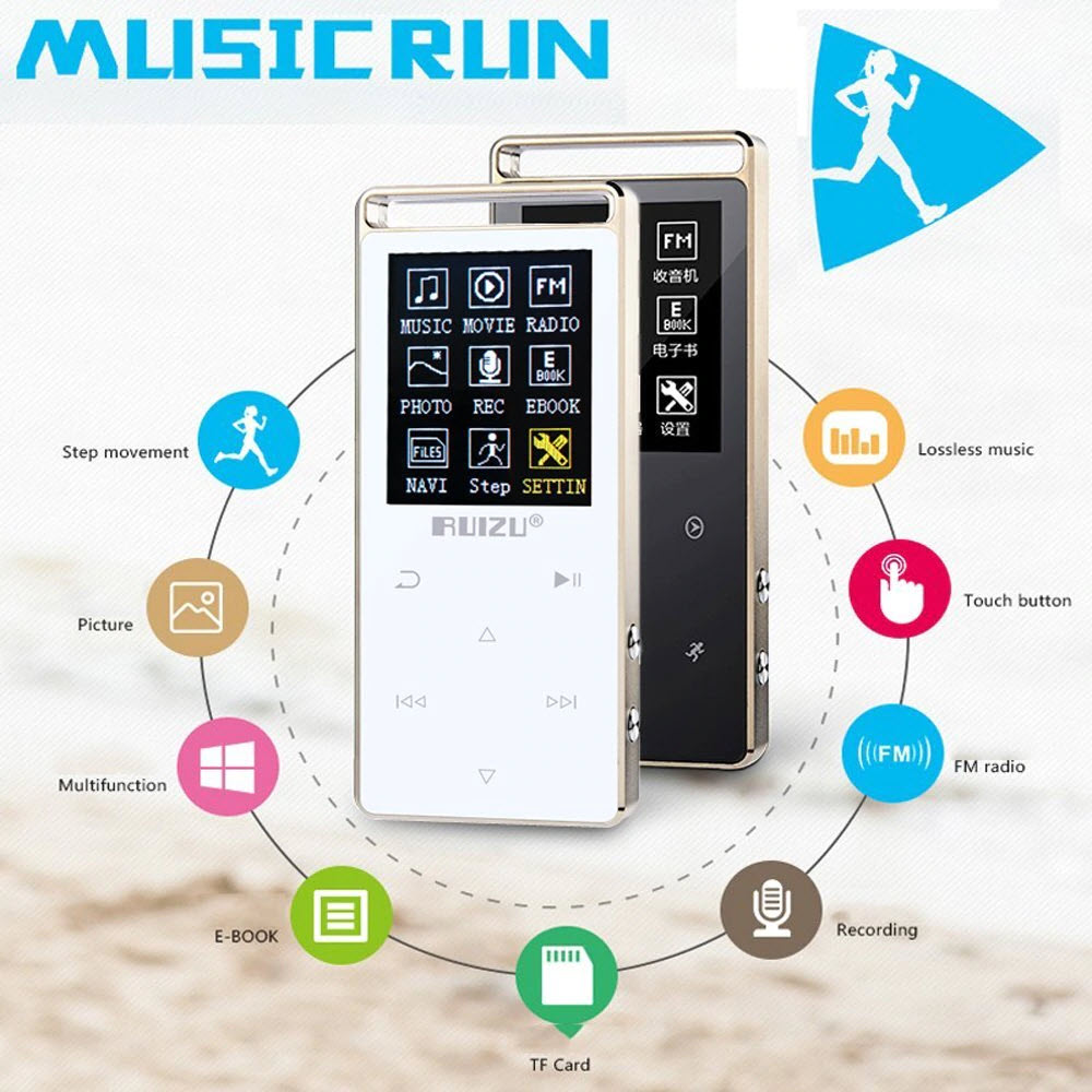 Ruizu D01 Bluetooth - Máy nghe nhạc MP3 Lossless thể thao HiFi Bộ Nhớ Trong 8GB - Hàng Chính Hãng