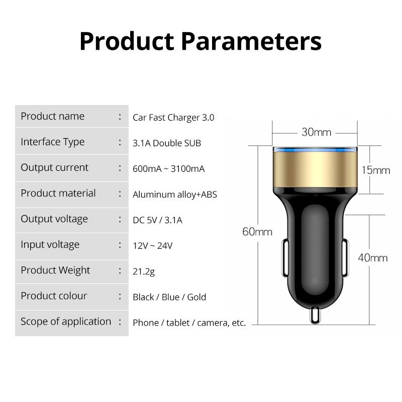 Tẩu Sạc Điện Thoại Nhanh 2 Cổng USB 3.1A Tích Hợp Màn Hình LED Cho Xe Hơi