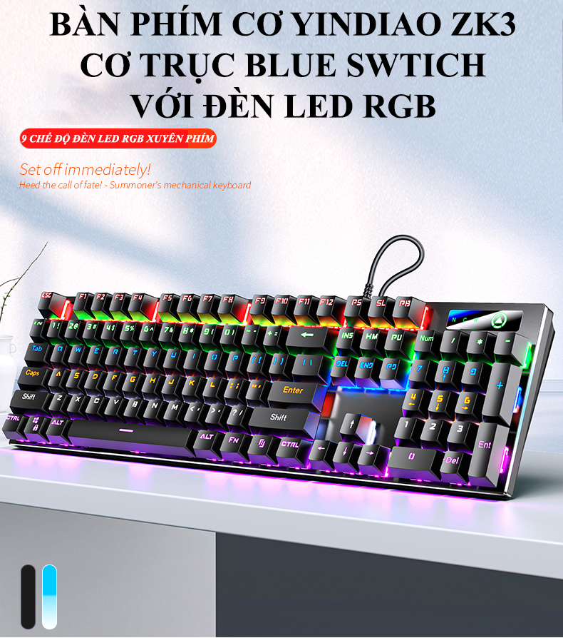 Bàn phím cơ gaming blue swtich YINDIAO ZK3 với đèn led RGB nhiều màu sắc rực rỡ - Hàng Chính Hãng