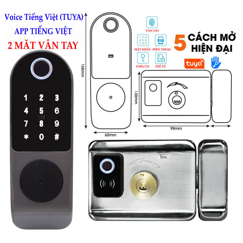 Khóa 2 MẶT VÂN TAY DÙNG APP TUYA/TTLOCK , mở bằng: từ xa bằng điện thoại, vân tay, mã số, thẻ từ và remote (tùy chọn)