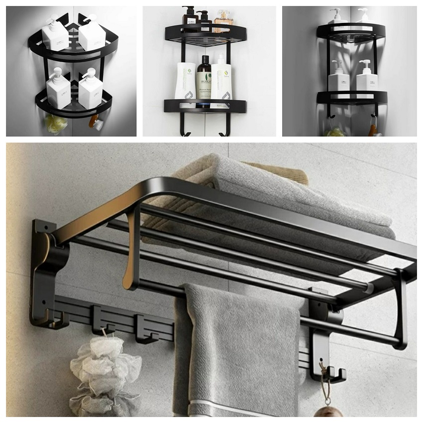 Kệ phòng tắm bao gồm kệ khăn và kệ góc đựng xà phòng mỹ phẩm bằng inox sus 304 sơn tĩnh điện màu đen