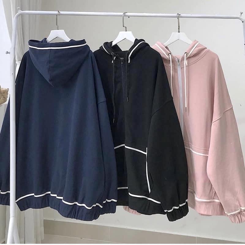 Áo Khoác Hoodie Zipper Kẻ Viền Túi Nữ - Áo nỉ dài tay form rộng dáng suông, thiết kế chạy viền, đơn giãn nhưng nổi bật