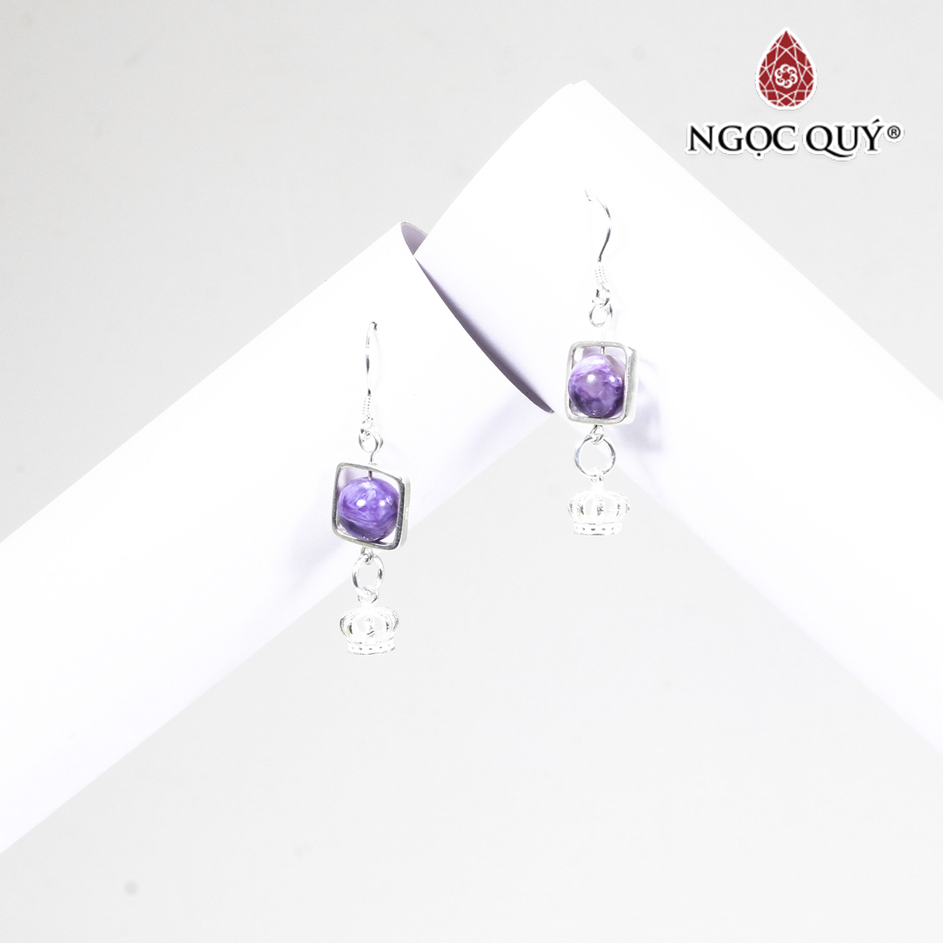 Bông tai bạc đá mắt rồng tím charm vương miệng mệnh hỏa thổ - Ngọc Quý Gemstones