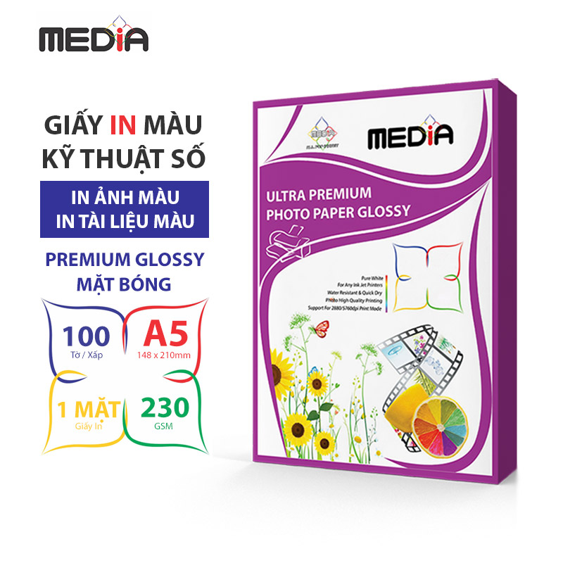 Giấy In Màu Kỹ Thuật Số MEDIA 1 Mặt Bóng (Glossy) Khổ A5 Định Lượng 230gsm 100 Tờ, Giấy In Ảnh Giấy In Phun Màu Tài Liệu - Hàng Chính Hãng