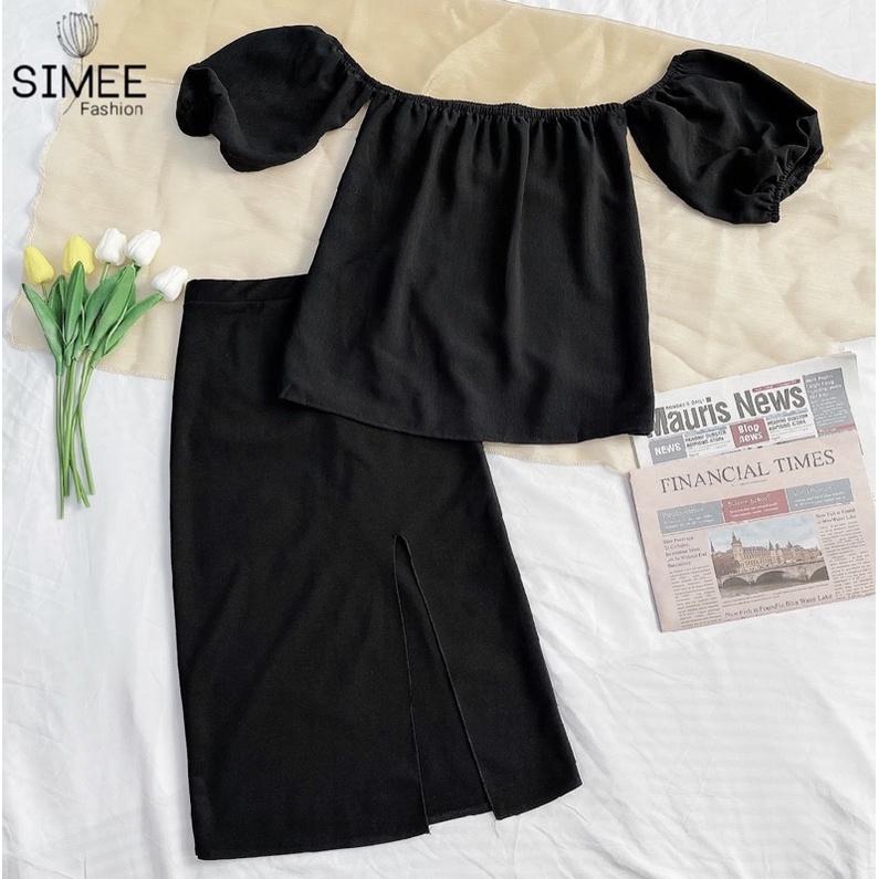 Set váy thiết kế Simee áo trễ vai mix chân váy xẻ tà