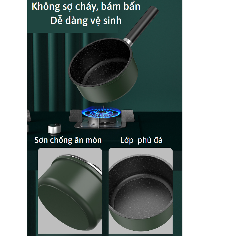 Bộ Nồi Chảo Đá Có Nắp Ăn Dặm Kèm Xửng Hấp Inox Chất Liệu Men Đá Chống Dính An Toàn Cho Bé - Nồi Nấu Bột Chống Dính , Quánh Chống Dính , Nồi Quấy Cháo Cho Bé Size 18cm Phù Hợp Với Nhiều Loại Bếp Ga, Bếp Từ