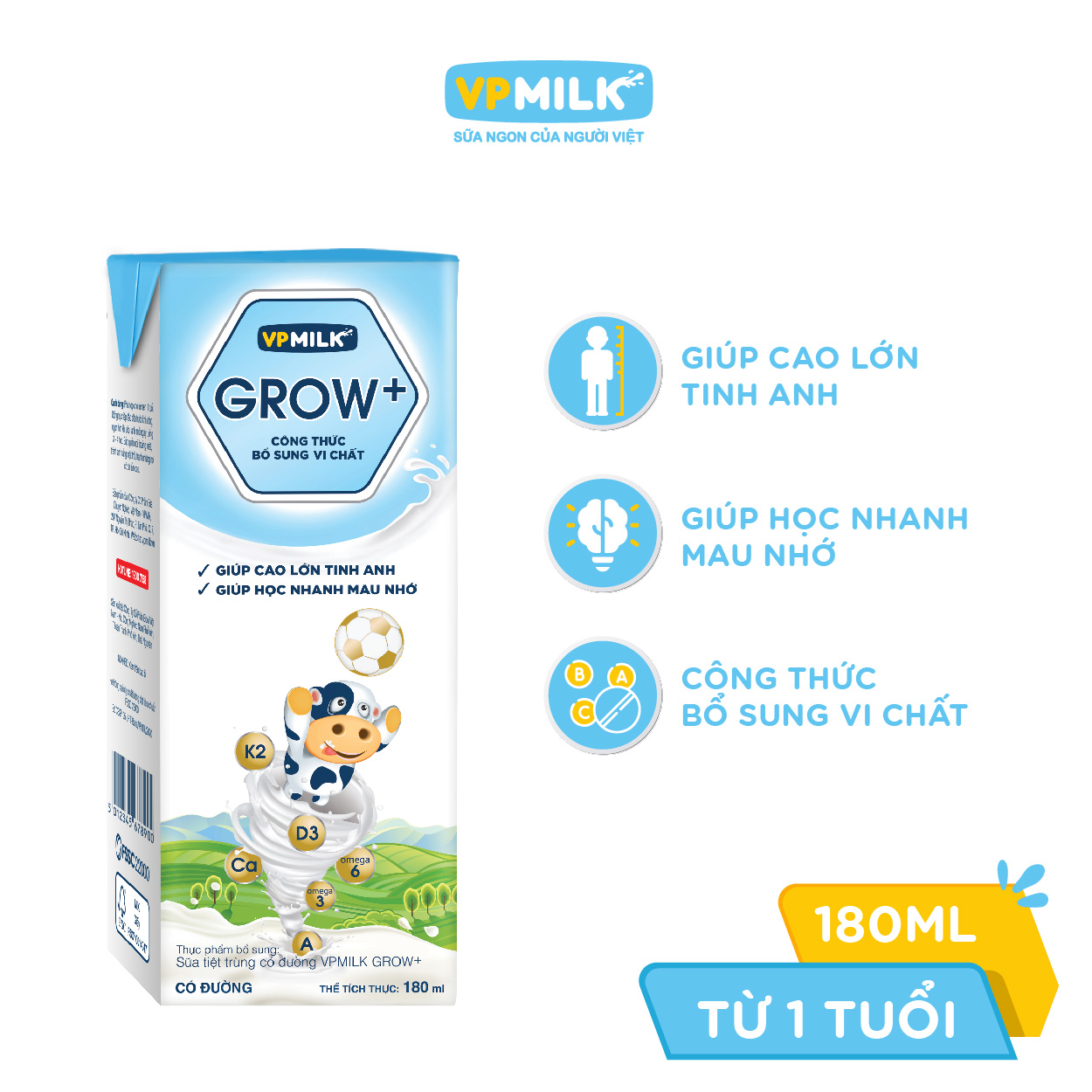 Sữa Tiệt Trùng Có Đường VPMilk Grow+ Hộp 180ml (Thùng 48 Hộp)