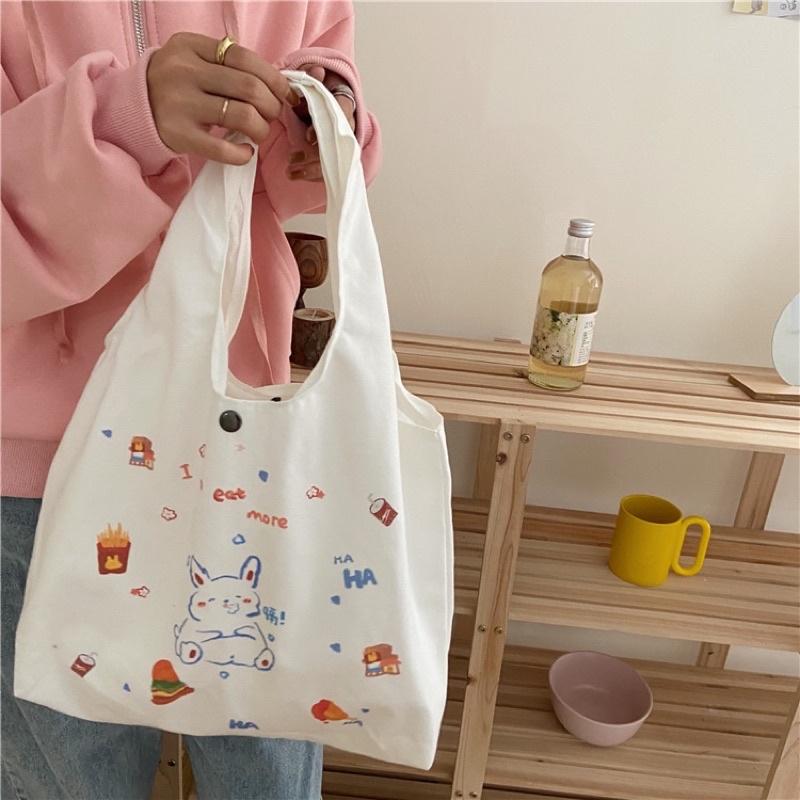 Túi Tote Túi Vải Canvas đeo vai Hình Chibi Mini phong cách Hàn Quốc có ngăn phụ và nút bấm