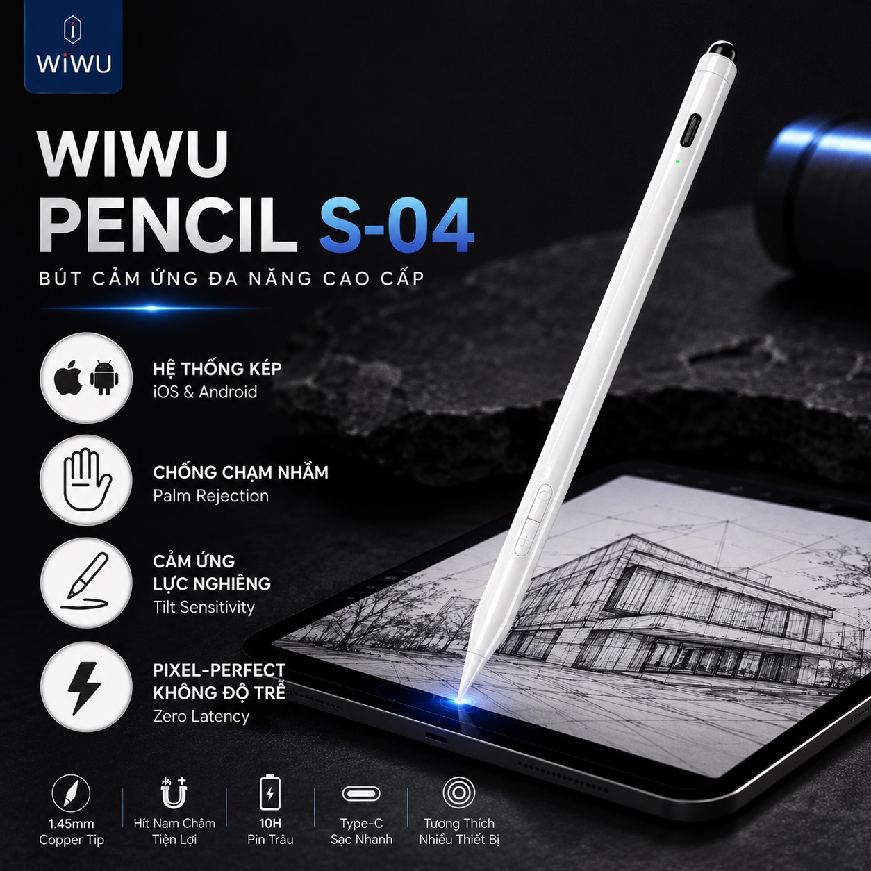 Bút cảm ứng styplus hỗ trợ tì tay cảm ứng lực nghiêng WIWU Pencil S-04 cho iPad iPhone Androids Pro 11 13 Air 10.9 - Hệ Thống Kép iOS Android, Magnetic | Pixel Perfect | Sạc Type-C - Hàng nhập khẩu