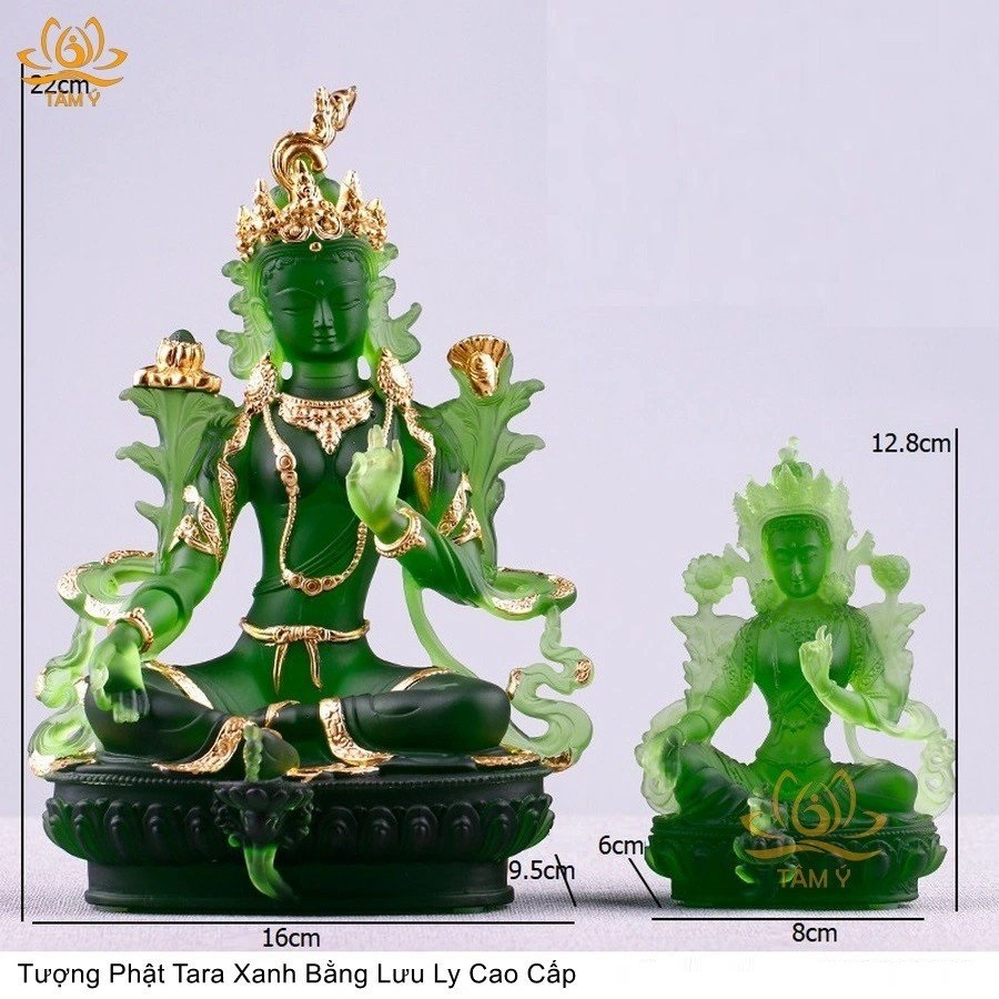 Tượng TaRa Xanh Lục Độ Mẫu Chất Liệu Lưu Ly Cao Cấp Đặc Biệt Mạ Vàng Tinh Xảo Pháp Bảo Kim Cang Thừa -Mật Tông Tâm Ý