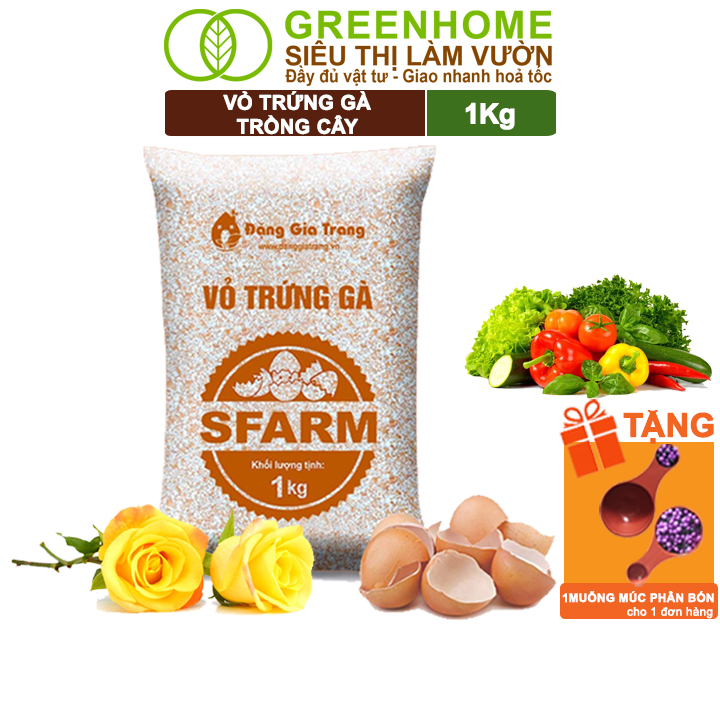 Vỏ Trứng Gà Trồng Cây Greenhome, Sfarm, Bao 1kg, Phân Bón Hữu Cơ, Ngăn Chặn Ốc Sên, Cải Tạo Đất, Chống Côn Trùng, Sâu Bọ