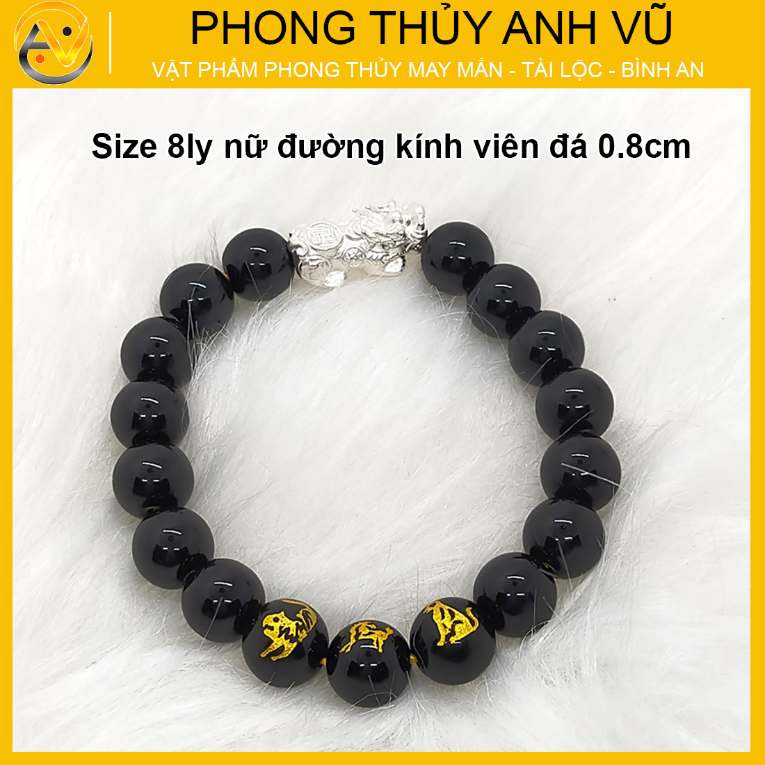 Vòng tay tỳ hưu tam hợp dần ngọ tuất chất liệu mã não đen - size 8 10 12ly cho người mệnh mộc, mệnh thủy - có khai quang điểm nhãn may mắn tài lộc - bảo hành 12 tháng - PHONG THỦY ANH VŨ