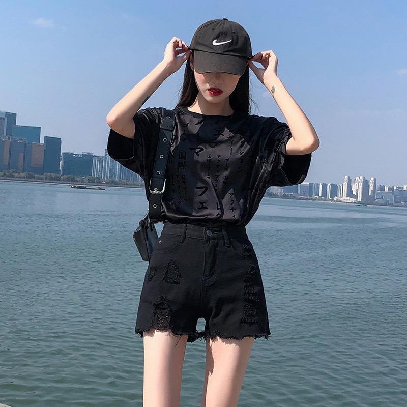 Quần short jean nữ Big Size lưng cao trên rốn, co dãn mạnh, rách nhẹ, phom rộng rãi dành cho người béo 60kg~90kg 3451