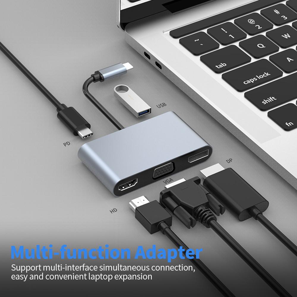 5 in 1 USB-C HUB Multi-function Adapter HDTV + VGA + DP + USB + PD Support Multi-screen Display Grey