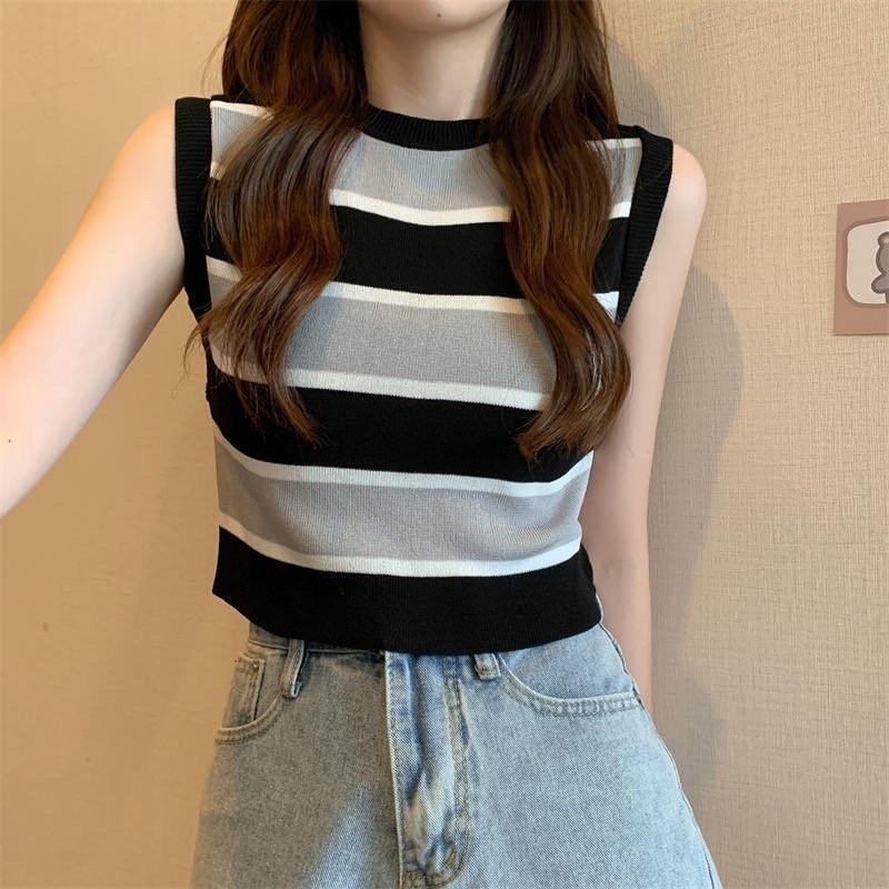 Áo len ba lỗ nữ croptop kẻ ngang hót hít hàng Quảng Châu