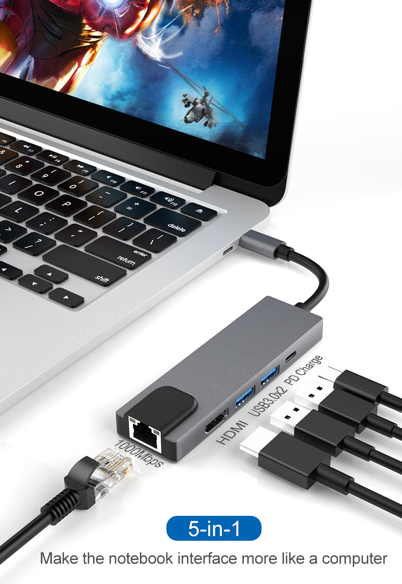 5 in 1 Type C Hub Hdmi Rj45 Lan Adapter for Macbook Pro Thunderbolt 3, USB C to Gigabit Ethernet Adapter USB-C Charger Port
