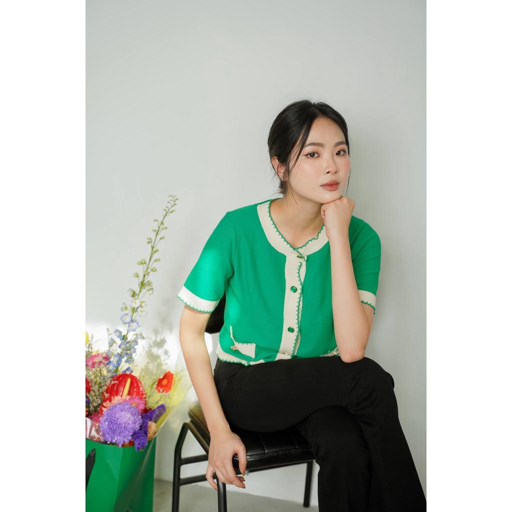 Áo len dệt kim croptop nữ Méo shop tay ngắn dáng rộng cardigan cộc tay có cúc Green