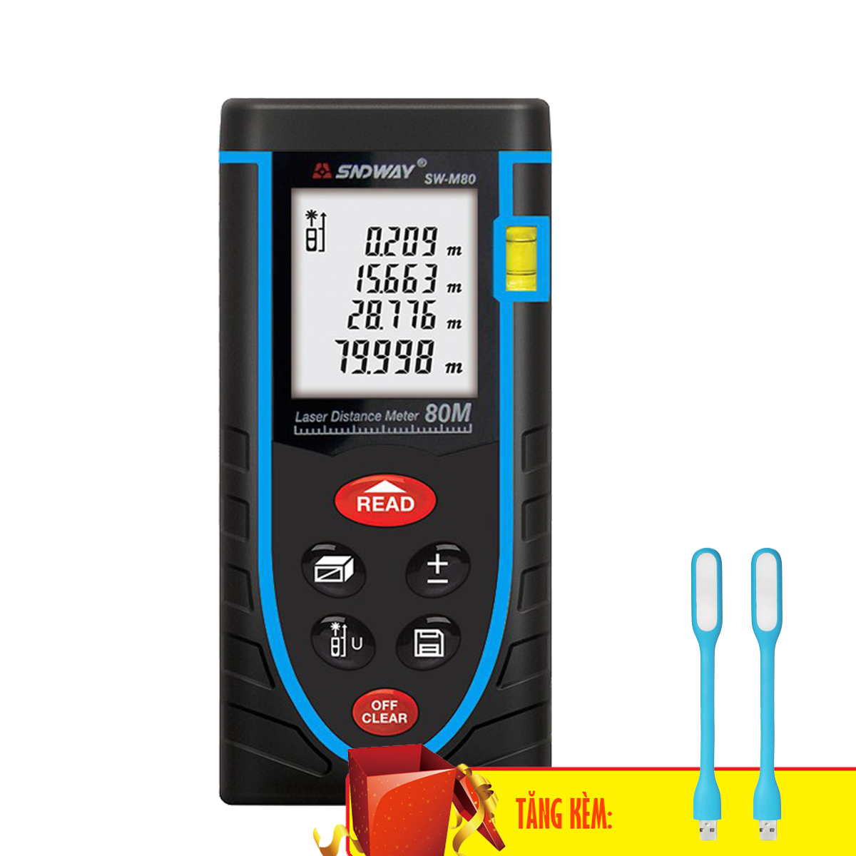 Thước Đo Khoảng Cách Bằng Tia Laser SNDWAY Phạm Vi 80m Tặng 02 Đèn LED USB - Hàng Chính Hãng