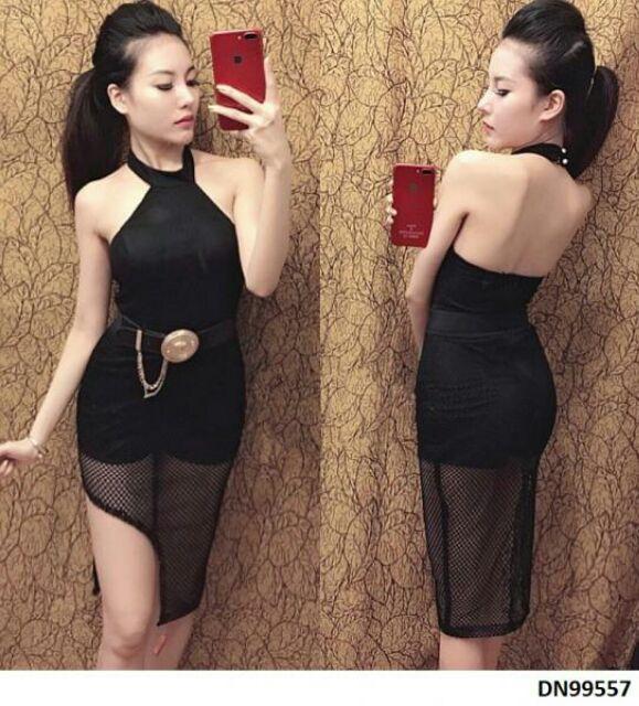 Đầm yếm hở lưng phối lưới