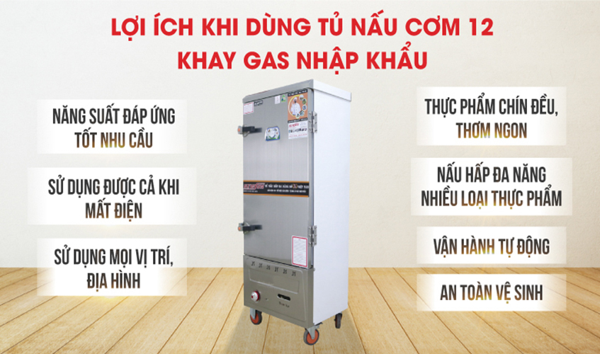 Tủ Nấu Cơm 36 Kg Gạo/ Mẻ Bằng Gas 12 Khay Nhập Khẩu NEWSUN - Hàng Chính Hãng