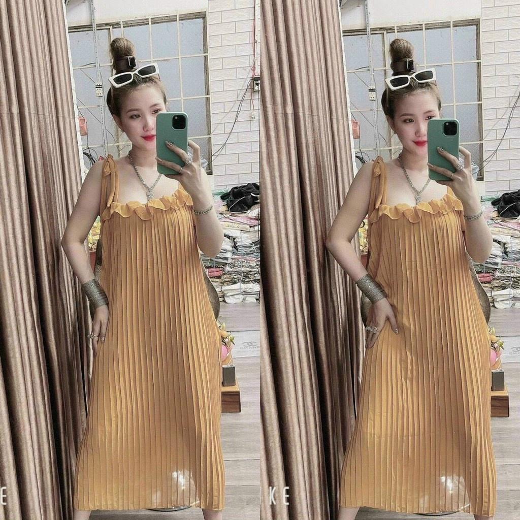 Đầm Suông nữ 2 Dây Dập Ly Phối Bèo Hai Dây Cột Nơ Nhiều Màu phong cách sang chảnh quyến rũ BK