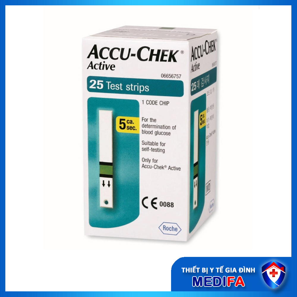 Hộp 25 que thử đường huyết Accu-Chek Active, NK chính ngạch, tem niêm phong, nhãn phụ tiếng việt