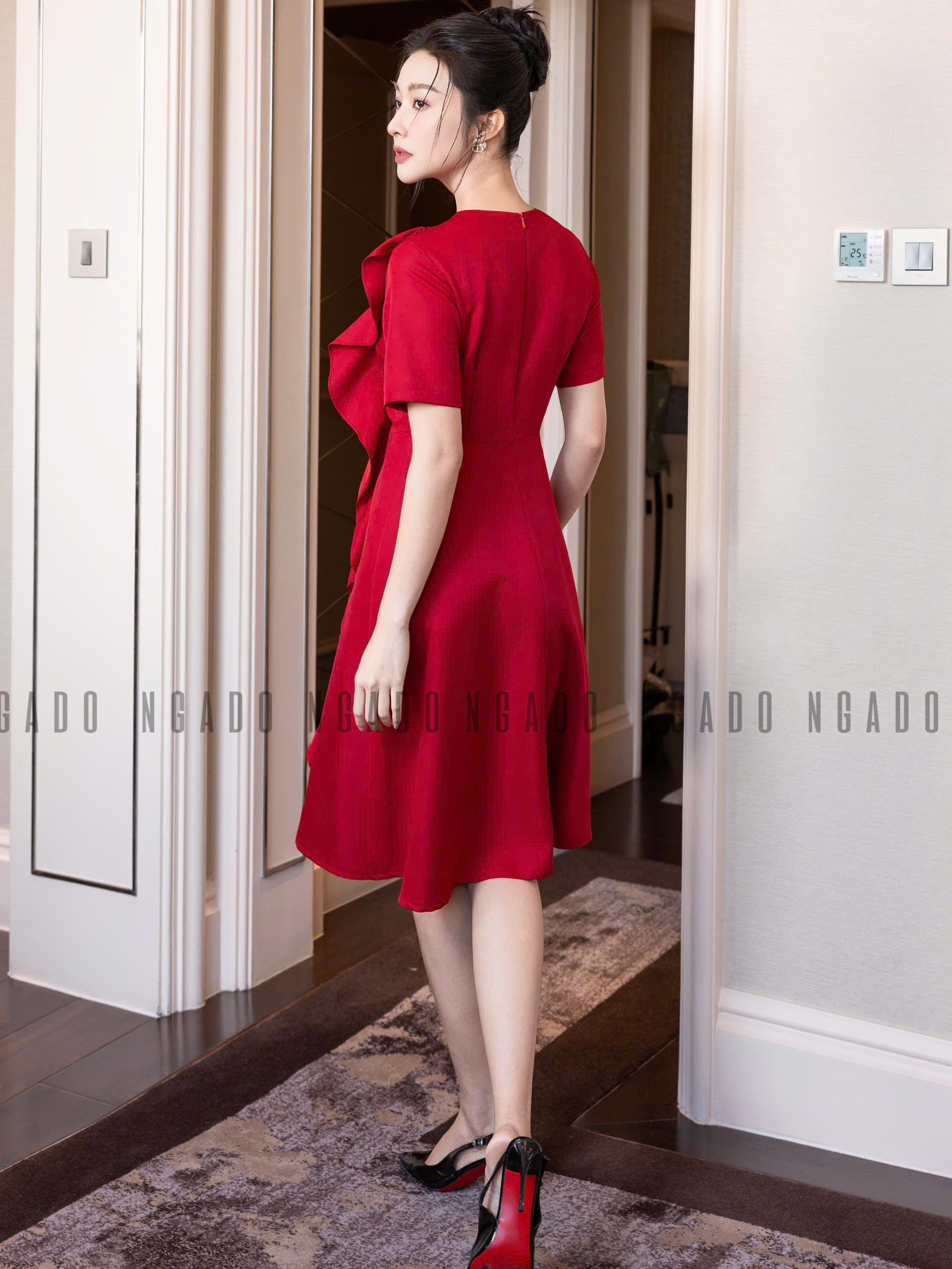 Đầm đỏ phối bèo NGADO , đầm kiểu Nữ , đầm công sở , dự tiệc